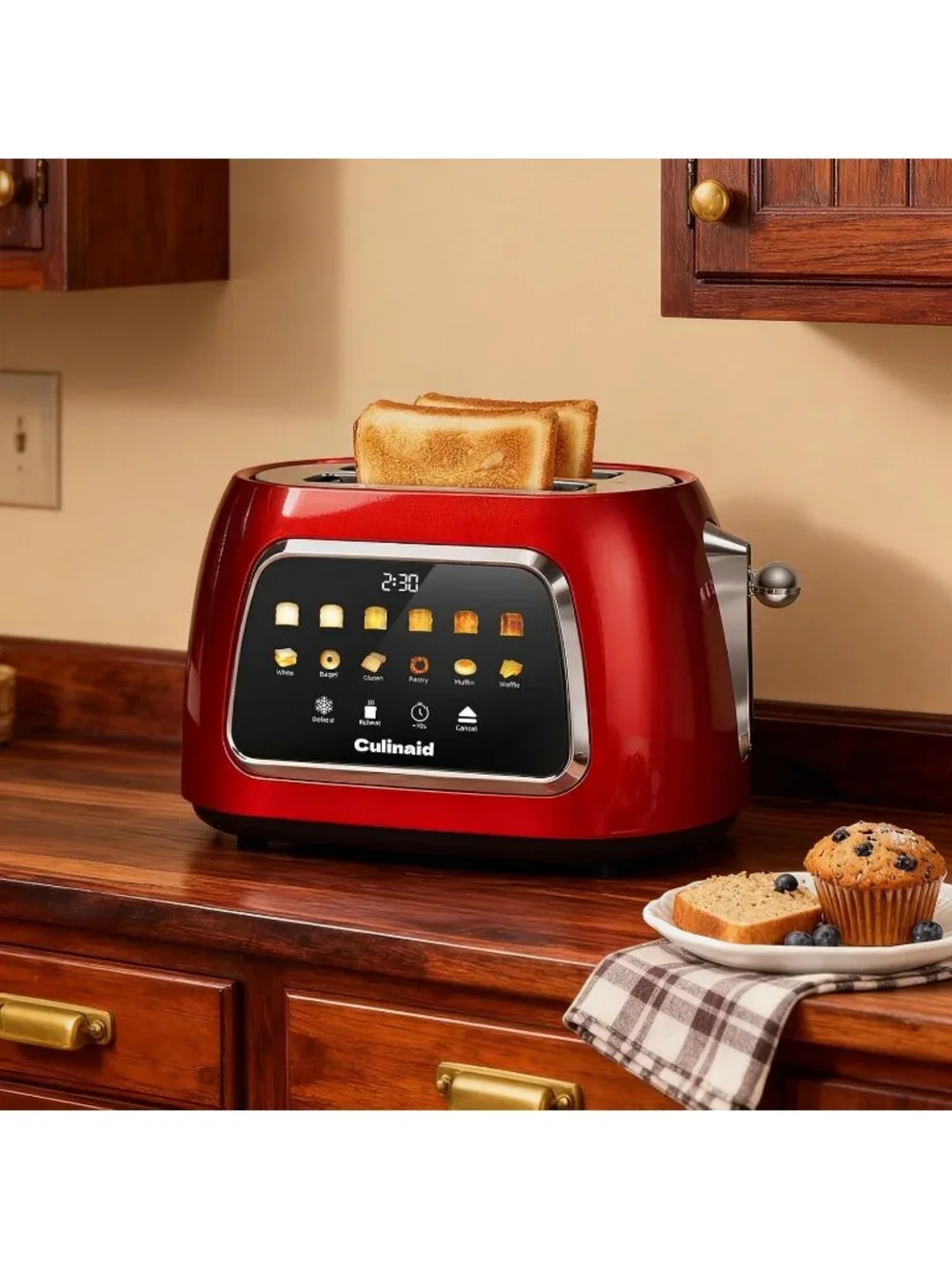 2 Slice Red Touch Screen Retro 1.5'' Extra Wide Slot Stainless Steel Toaster